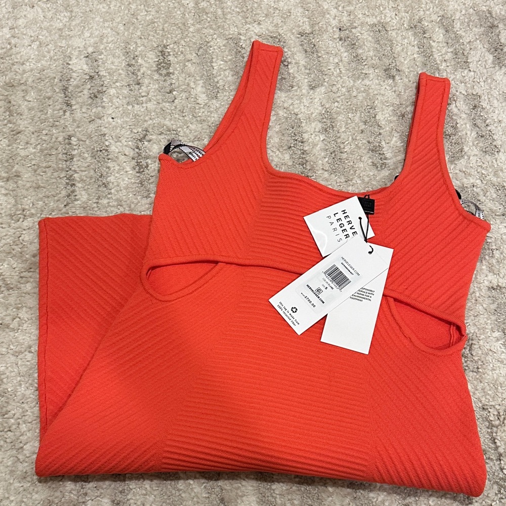 BNWT Herve Leger Paris Cutout Ribbed Tank Dress in Bright Coral Size S